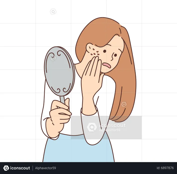 Jeune femme avec bouton vu dans le miroir  Illustration