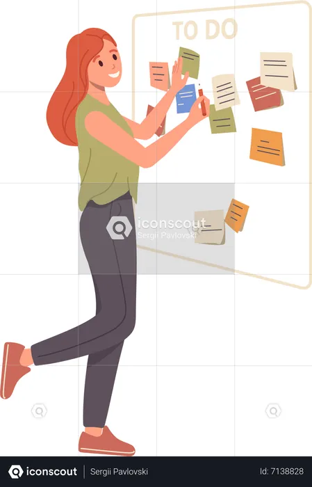 Jeune femme collant une note adhésive  Illustration