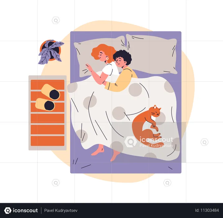 Jeune couple de lesbiennes se faisant un câlin sous une couverture allongée sur le lit avec un animal de compagnie  Illustration