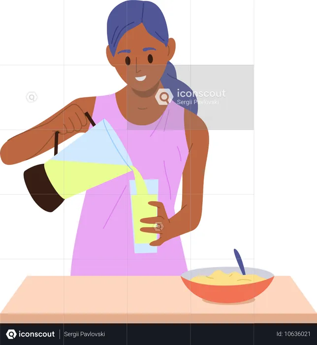 Jeune femme préparant des céréales, du porridge et du jus de fruits frais au petit-déjeuner  Illustration