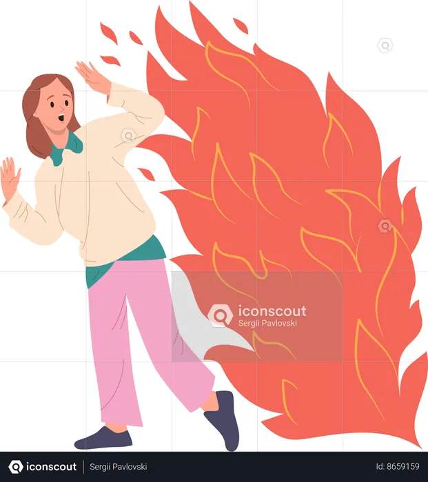 Jeune femme dans la peur fuyant la flamme du feu  Illustration