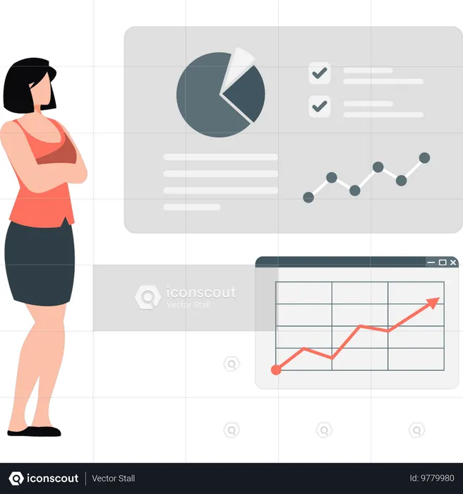 Jeune femme debout avec les mains liées près du diagramme graphique  Illustration