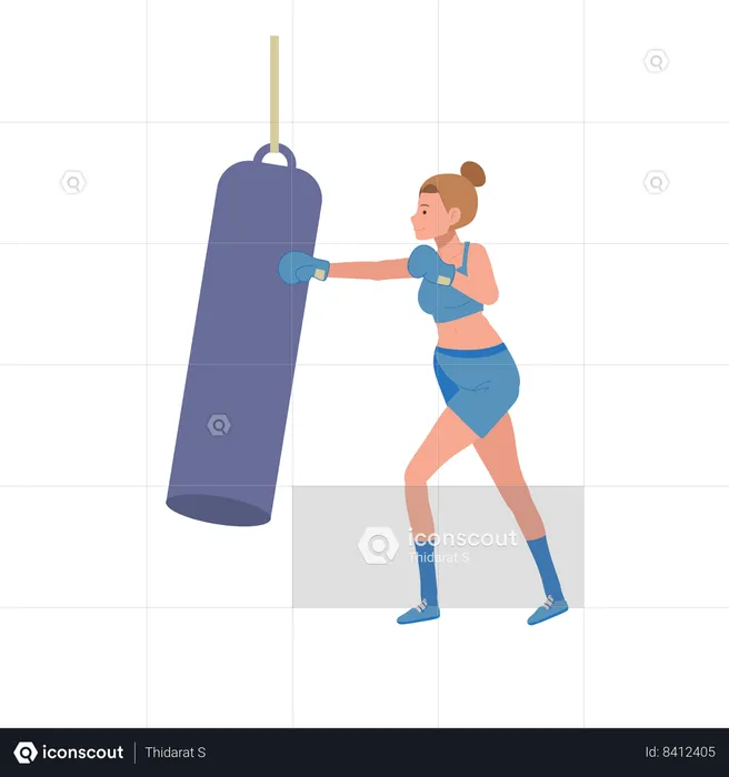 Jeune femme en bonne santé frappant au sac de boxe. Sport et exercice  Illustration