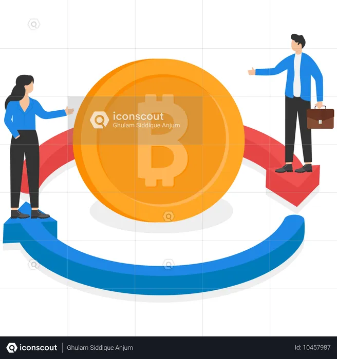 Jeune femme et homme debout sur un bitcoin rond  Illustration