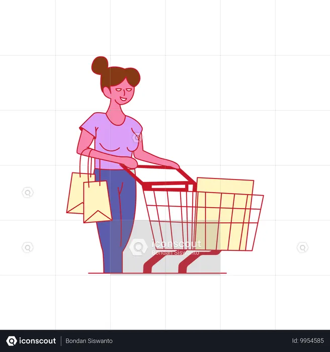 Jeune femme faisant des courses au supermarché en utilisant un chariot  Illustration