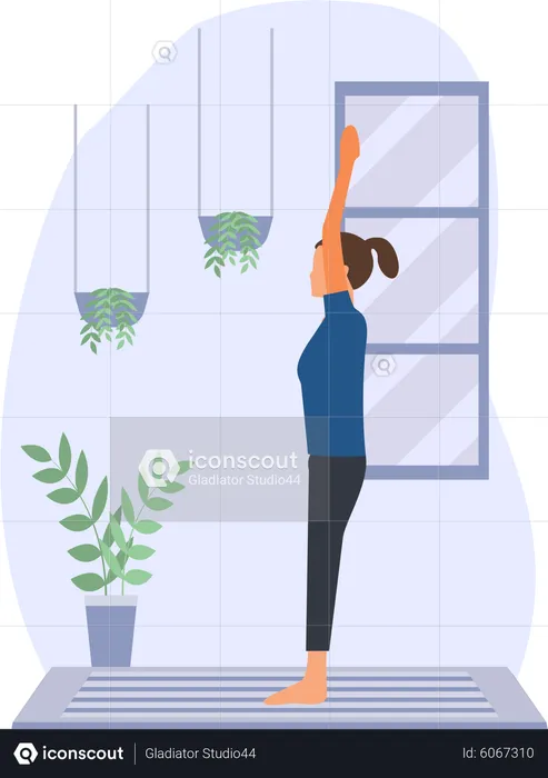 Jeune femme faisant du yoga debout dans la maison  Illustration