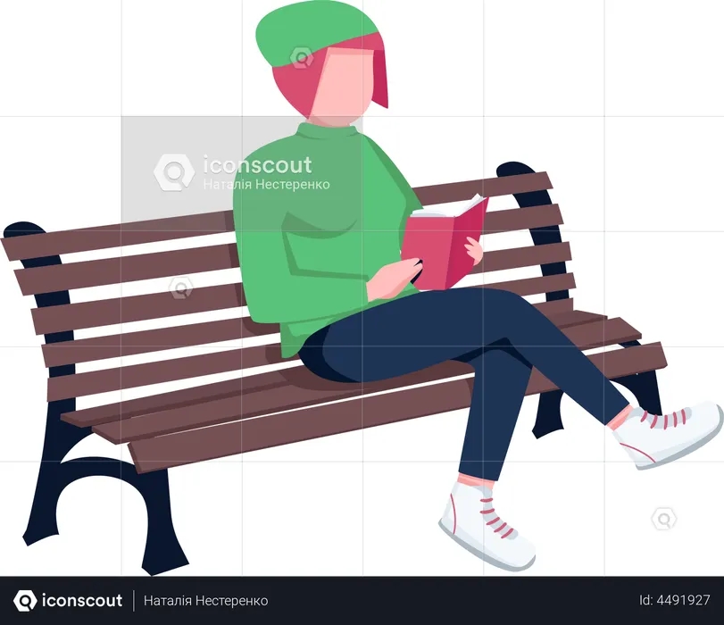 Jeune femme lisant un livre sur un banc  Illustration