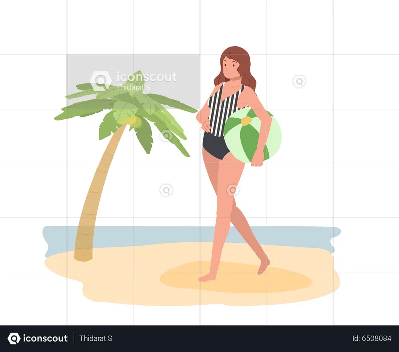 Jeune femme marchant sur la plage avec un ballon de plage  Illustration