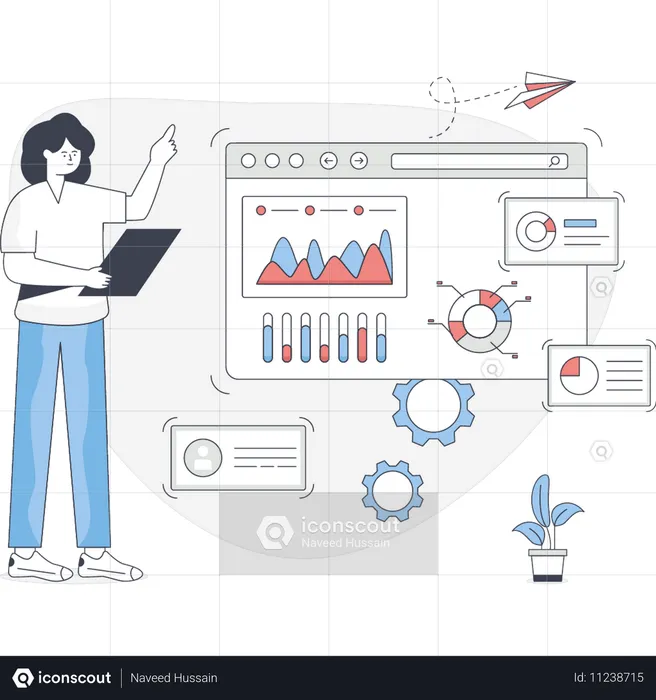 Jeune femme pointant un graphique analytique  Illustration