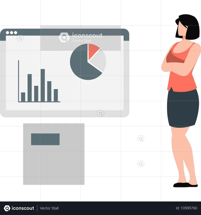 Jeune femme regardant un graphique en hausse sur une page Web  Illustration