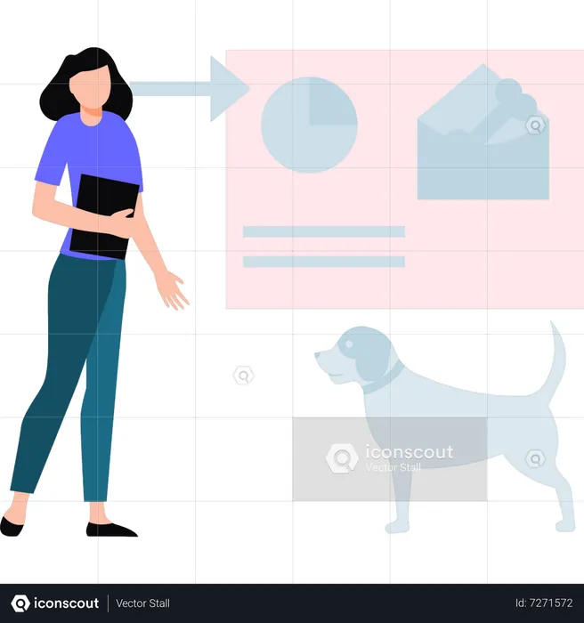 Jeune femme regardant le courrier de nourriture pour chien  Illustration