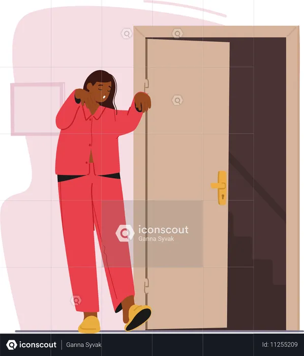 Une jeune femme somnambule en pyjama rouge ouvre la porte au milieu de la nuit  Illustration