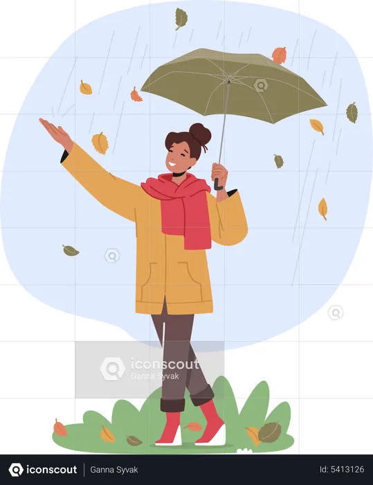 Jeune femme tenant un porte-parapluie sous la pluie et les feuilles qui tombent à l'automne  Illustration