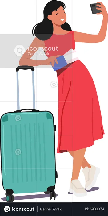 Jeune femme tenant une valise et des billets et prenant Selfie avec téléphone  Illustration