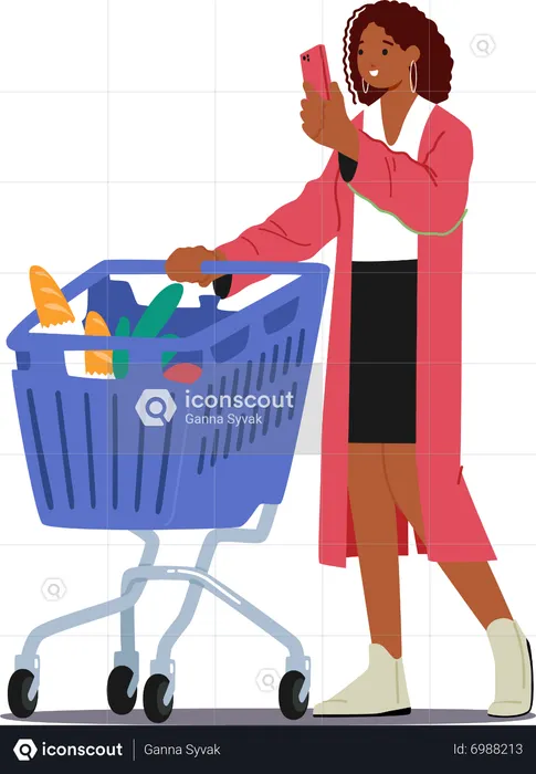 Une jeune femme utilise le téléphone cellulaire tout en faisant des courses au supermarché  Illustration