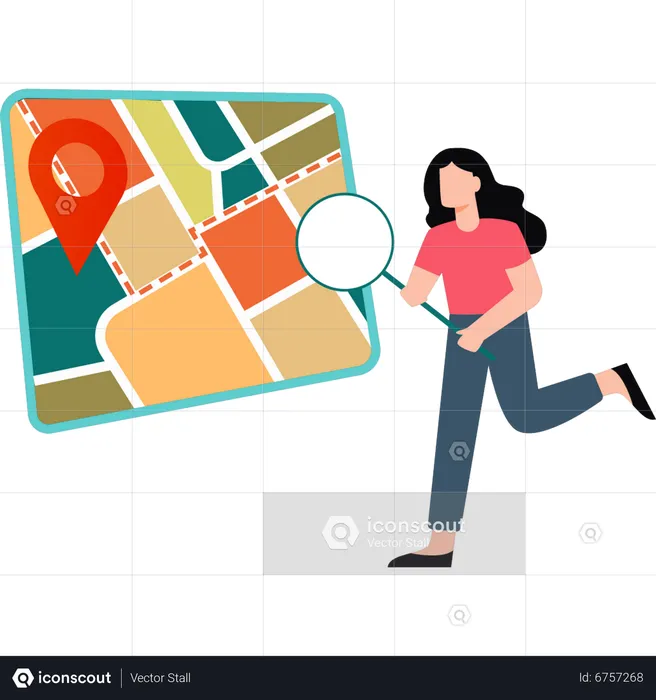 Jeune fille à la recherche d'un endroit sur la carte  Illustration