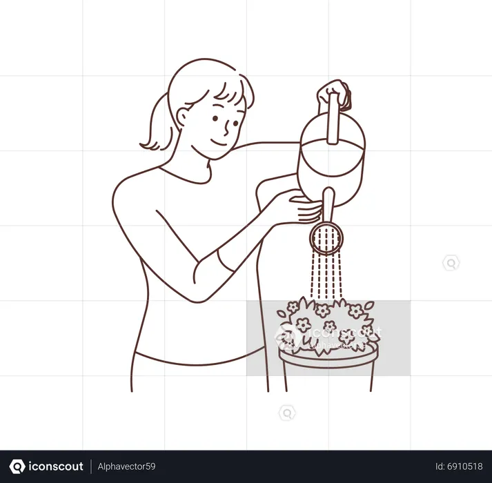 Jeune fille arrosant un pot de fleur  Illustration