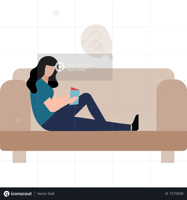 Jeune fille assise sur un canapé lisant un livre  Illustration