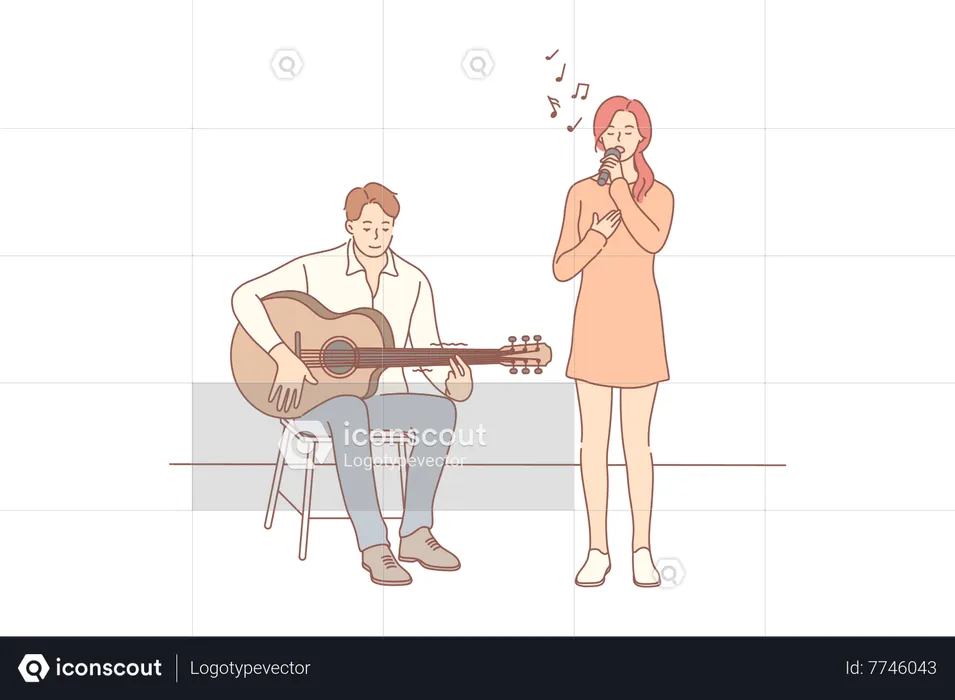 Jeune fille chantant et homme jouant de la guitare  Illustration