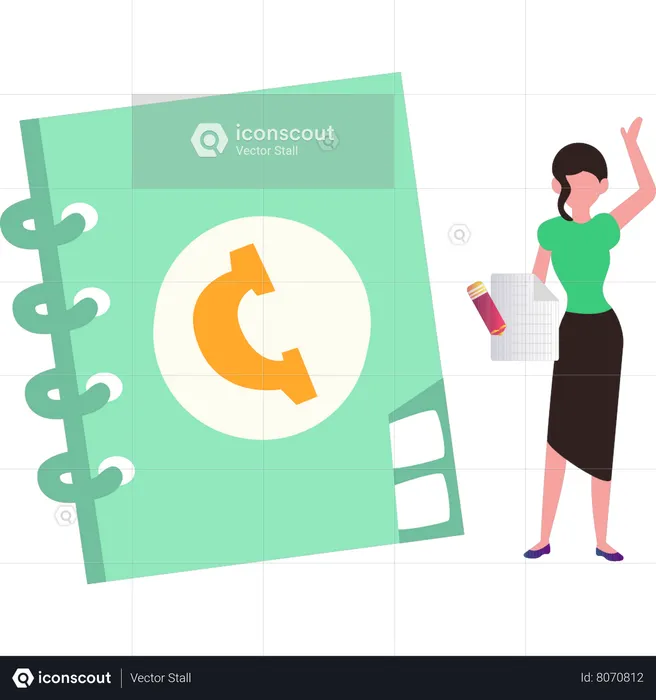 Jeune fille debout avec carnet de contacts  Illustration