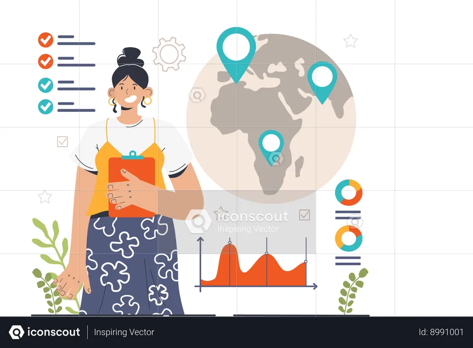 Jeune fille faisant une analyse commerciale mondiale  Illustration