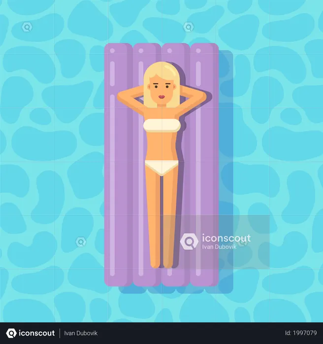 Jeune fille flottant sur un matelas dans une piscine  Illustration