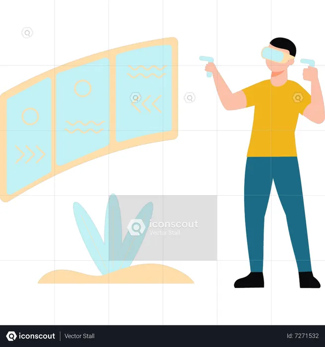 Un jeune garçon portant des lunettes VR regarde l'écran  Illustration