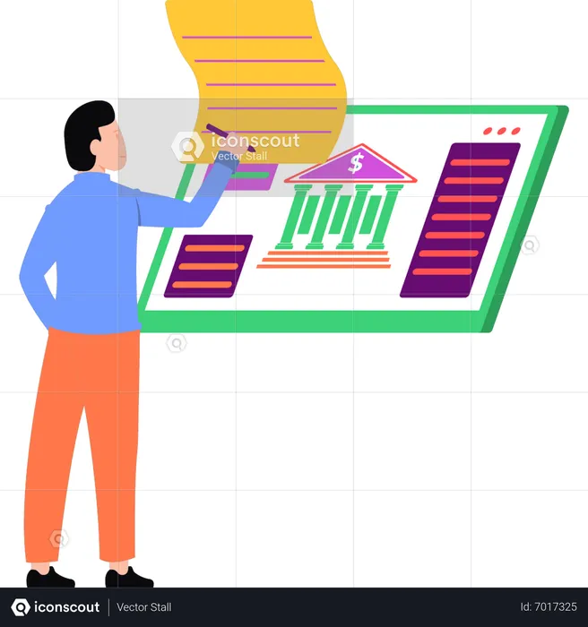 Jeune garçon travaillant sur les services bancaires en ligne  Illustration