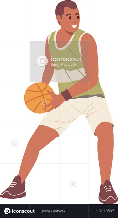 Joueur de basket-ball jeune homme actif debout en position de passe-balle  Illustration