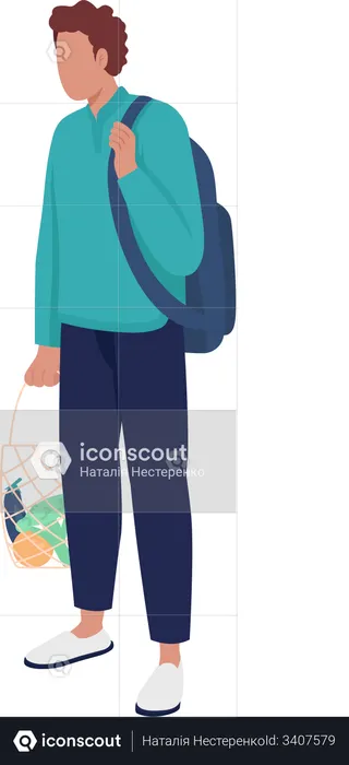 Jeune homme avec un sac à cordes réutilisable  Illustration
