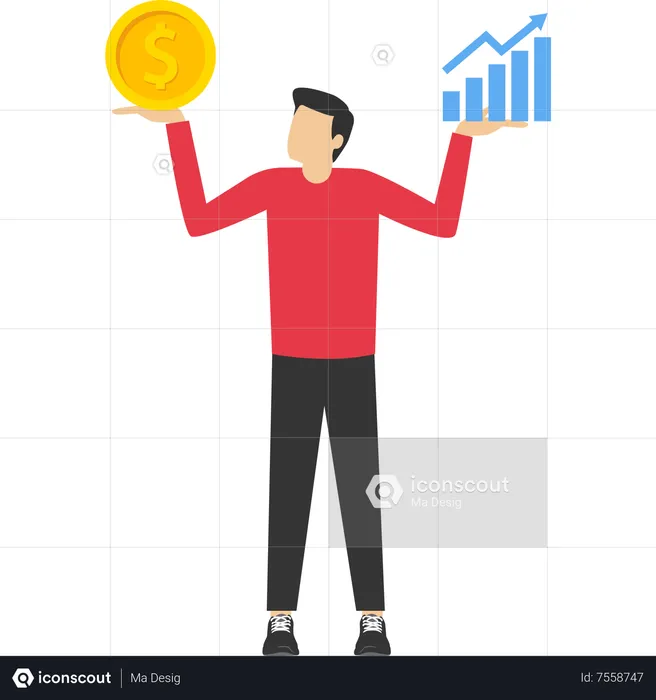 Jeune homme d'affaires comparant les actions de valeur et de croissance dans sa main  Illustration