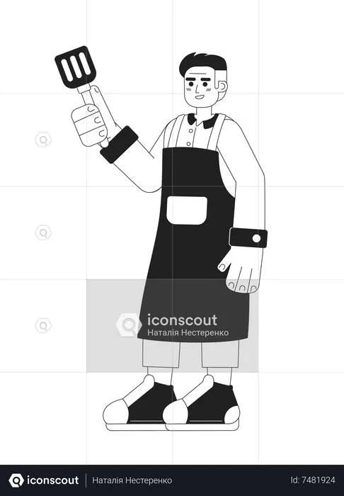 Jeune homme debout avec une spatule en acier  Illustration