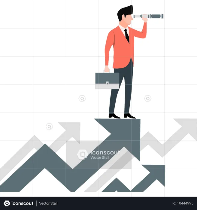 Jeune homme debout, flèche de croissance d'entreprise  Illustration