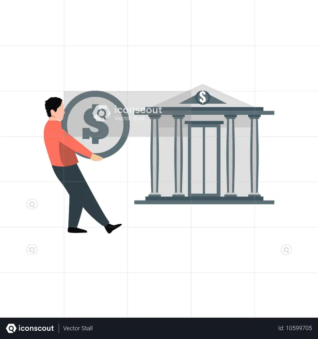 Jeune homme déposant de l'argent à la banque  Illustration