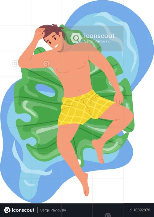 Un jeune homme détendu se repose en nageant sur un matelas gonflable en caoutchouc en forme de feuille tropicale  Illustration