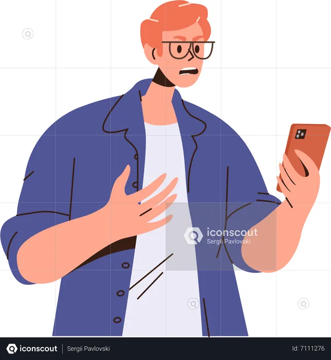 Jeune homme en colère regardant l'écran du mobile  Illustration