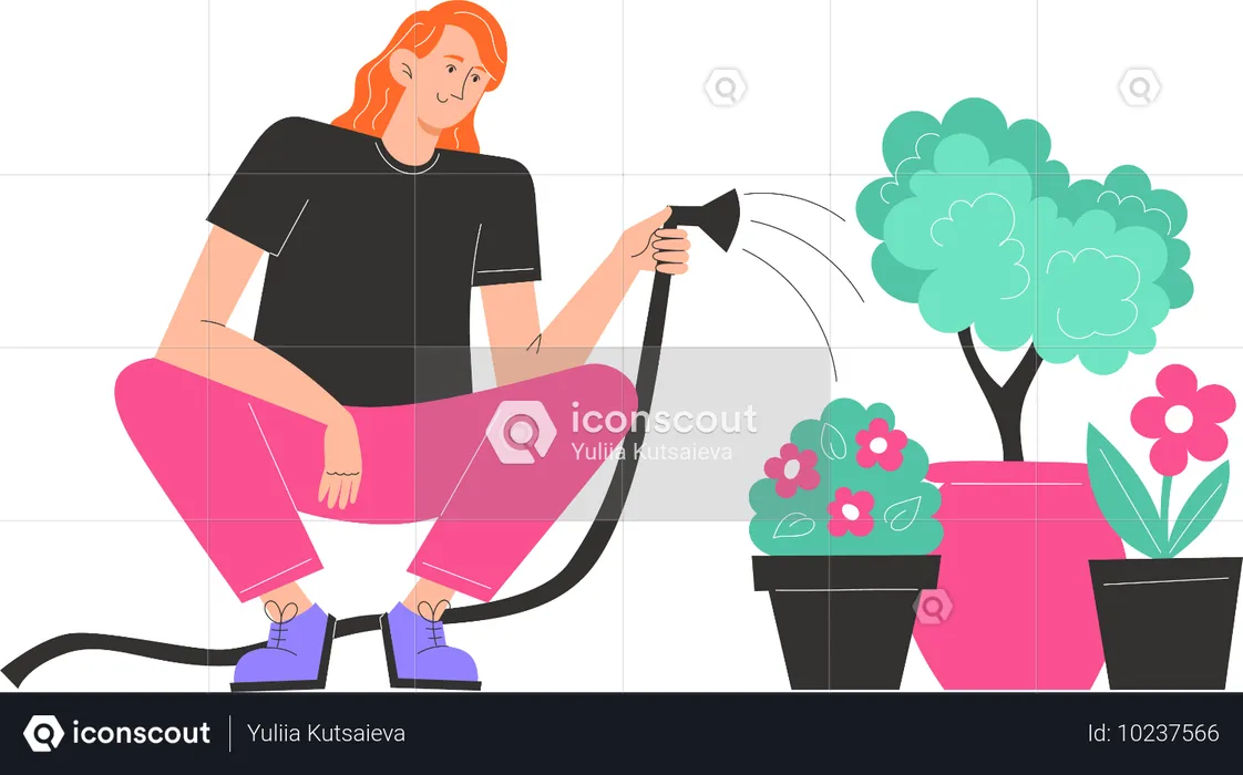 Un jeune homme est assis sur ses genoux et arrose un pot de fleurs du jardin  Illustration