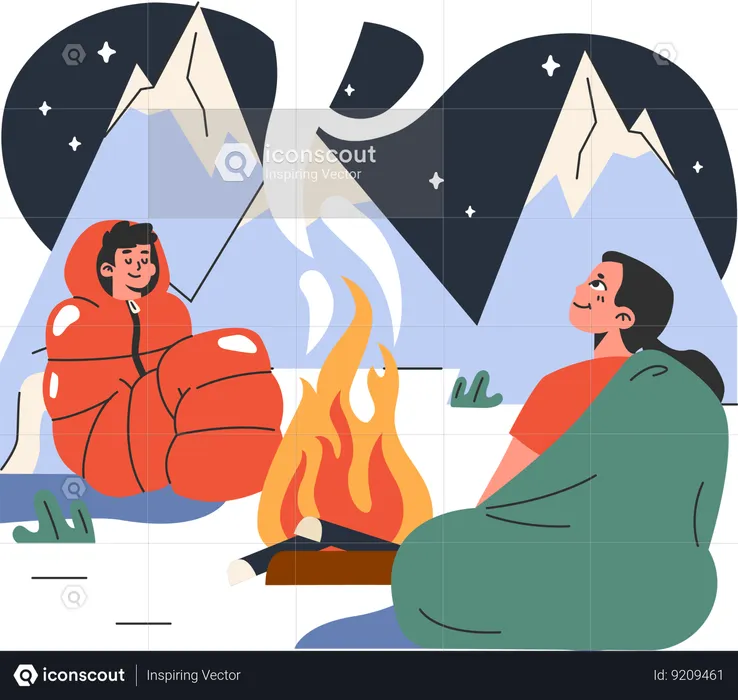 Jeune homme et fille au camping  Illustration