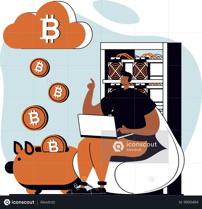 Jeune homme faisant des économies de bitcoin à partir du cloud bitcoin  Illustration