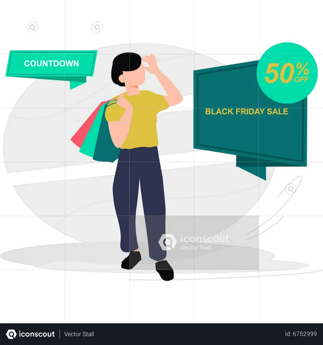 Jeune homme faisant du shopping le Black Friday avec 50 % de réduction  Illustration