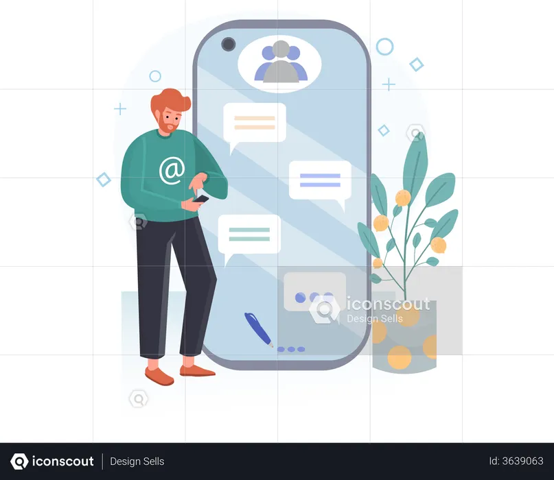 Jeune homme discutant en groupe sur un smartphone  Illustration