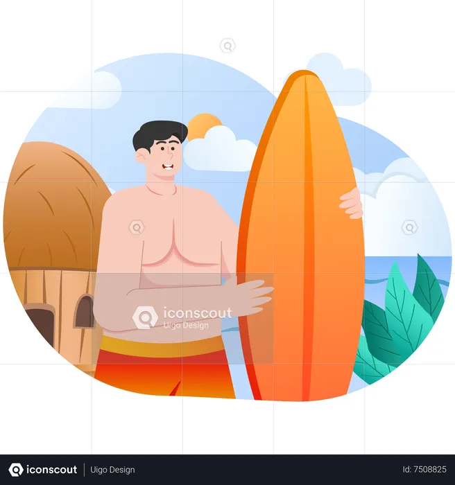 Jeune homme jouant au surf pendant les vacances d'été  Illustration