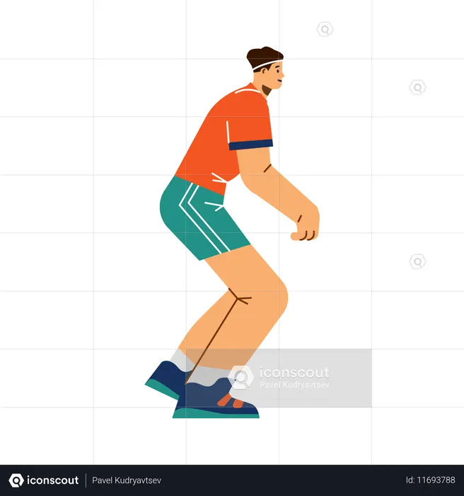 Un jeune joueur de volley-ball souriant se tient debout sur les jambes à moitié pliées  Illustration