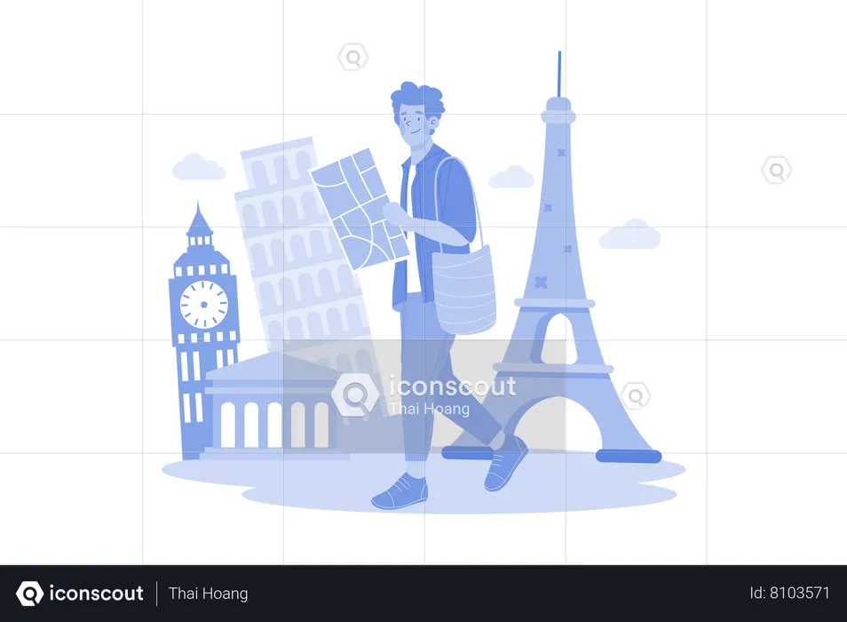 Jeune homme marchant pour explorer des lieux en ville  Illustration