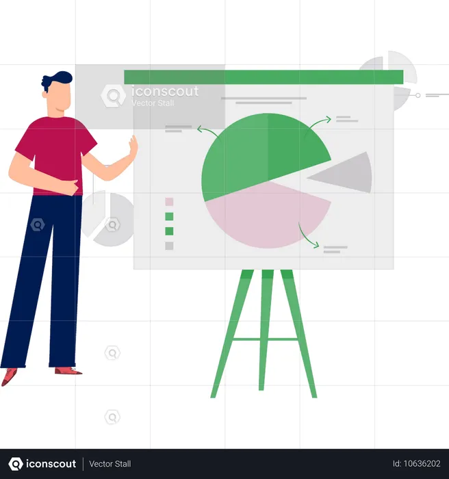 Jeune homme pointant la valeur d'un graphique à secteurs  Illustration