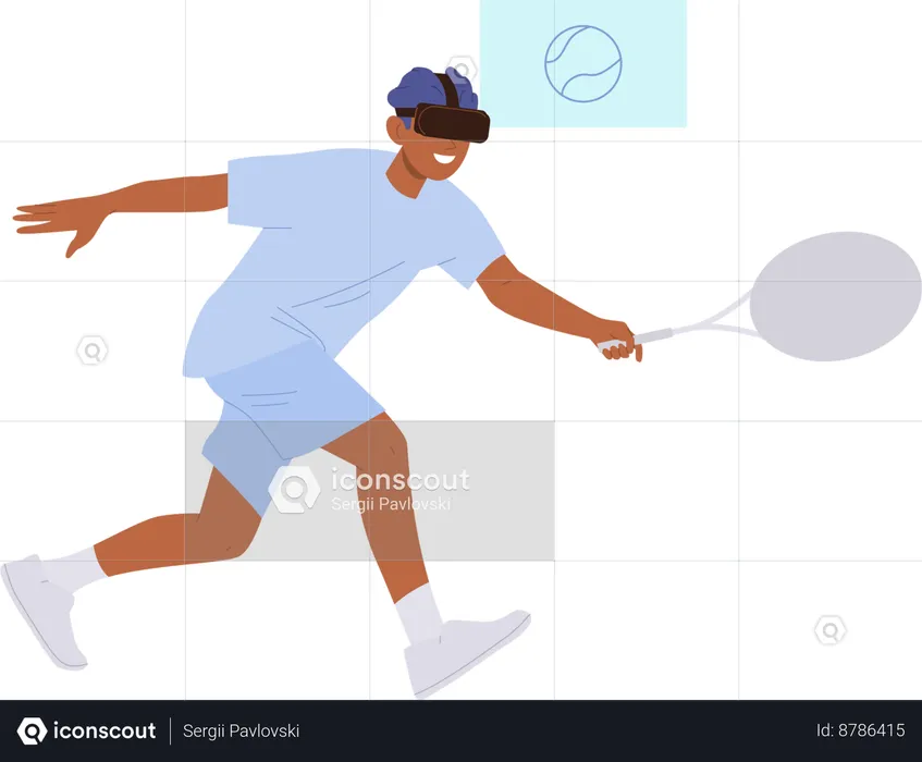 Jeune homme portant des lunettes VR jouant au tennis  Illustration