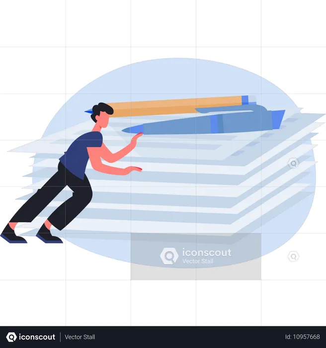 Un jeune homme pousse une pile de documents  Illustration