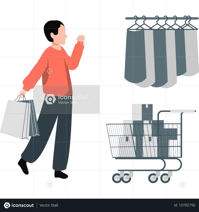 Jeune homme présentant des vêtements pour faire du shopping  Illustration