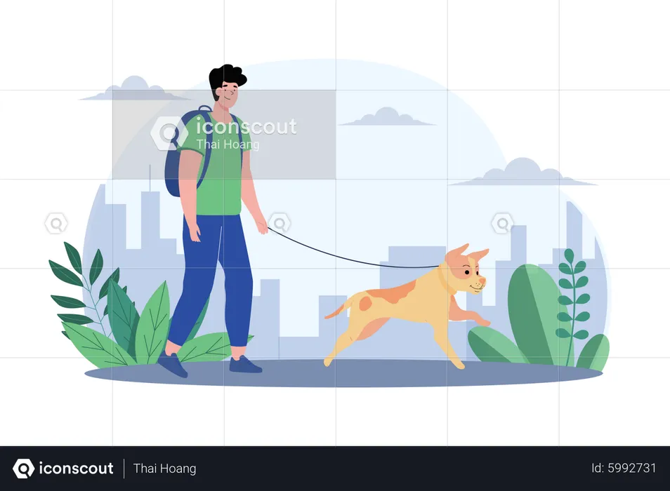 Jeune homme marchant avec un chien mignon  Illustration