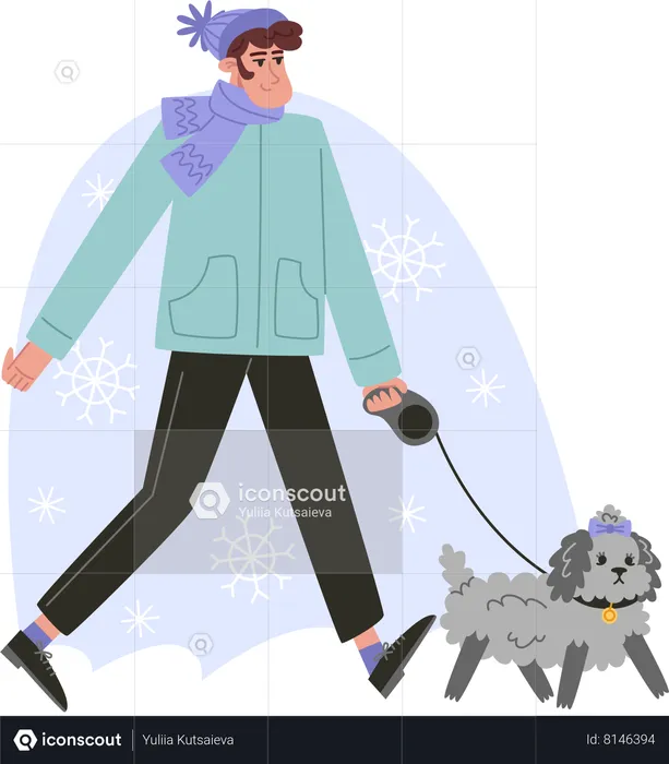 Jeune homme marchant avec un petit chien frisé hiver  Illustration